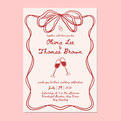 Hand drawn wedding invitation template. Vector illustration red hand drawn wedding invitation with clinking glasses and ribbon frame