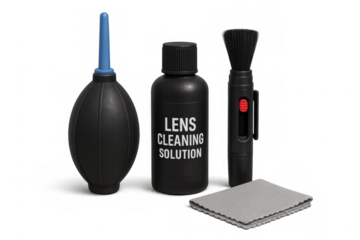 Lens cleaning kit with blower, solution, brush and cloth on transparent background