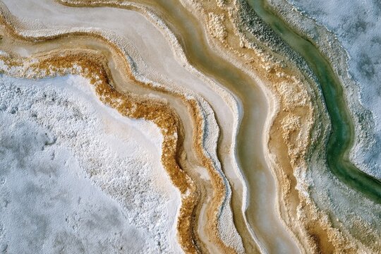 Stunning aerial perspective of wavy abstract mineral layers in a natural landscape. - Powered by Adobe
