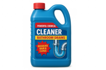 Powerful chemical cleaner dissolving hair and clogs in bathroom drains with transparent background