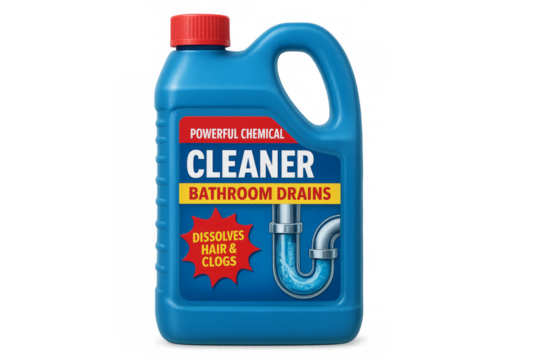 Powerful chemical cleaner dissolving hair and clogs in bathroom drains with transparent background