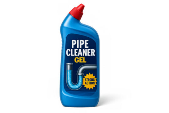 Blue plastic bottle of pipe cleaner gel on transparent background