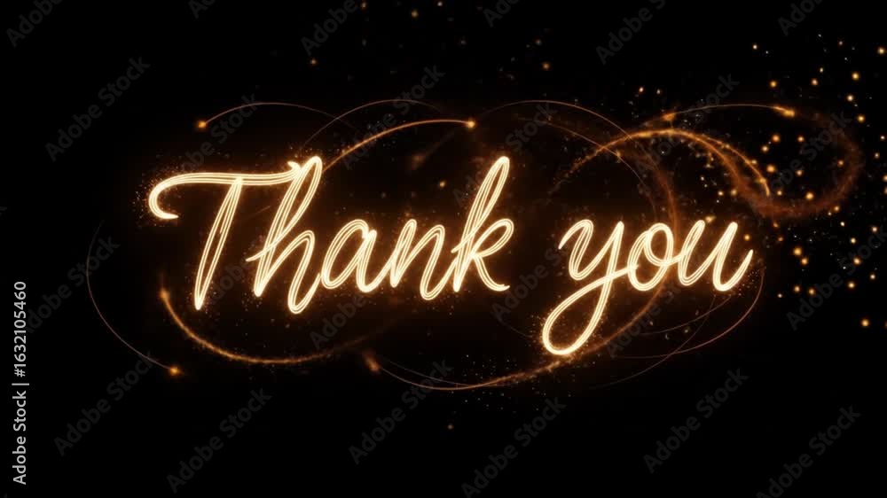 Poster golden thank you text animation with sparkling particle trails on black background