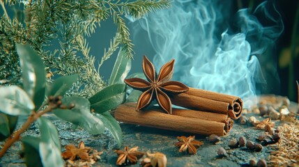 Warm Spices and Herbs with Smoke on Rustic Wooden Surface