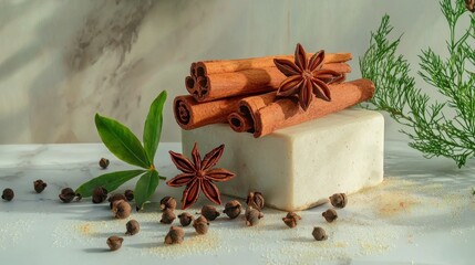 Aromatic Spices with Cinnamon, Anise, and Soap on a Marble Surface