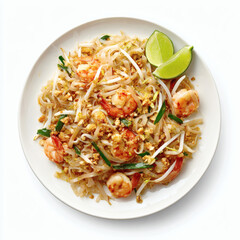 A plate of authentic Thai Pad Thai stir-fried noodles with shrimp, peanuts, bean sprouts, and lime wedges, garnished with fresh cilantro, offering a zesty, flavorful meal.