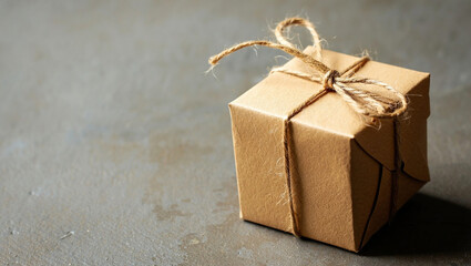 Close-up of a simple kraft paper gift box tied with natural twine.