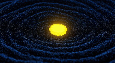 Glowing Yellow Geometric Shape on Abstract Dark Blue Pattern