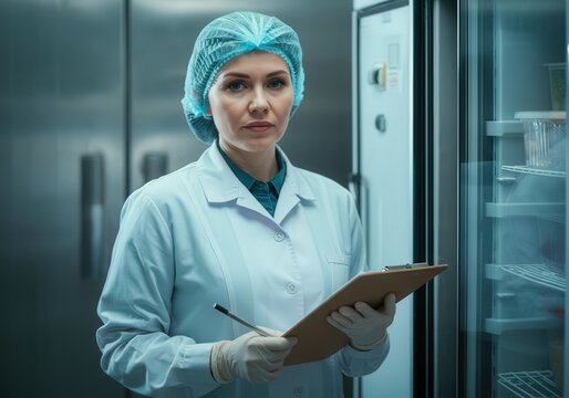 Female food inspector in protective clothing holding clipboard near industrial refrigerator