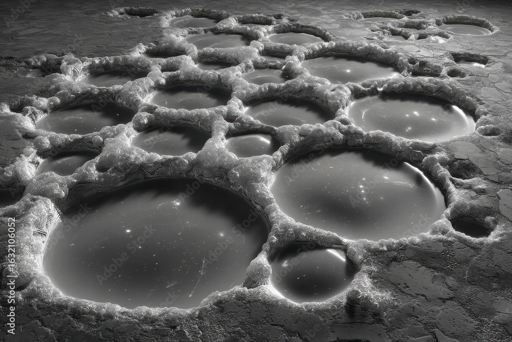Poster abstract moon-like surface with reflective liquid pools and intricate textures.