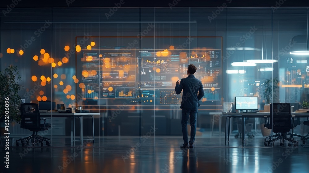 Poster data visualization insights modern office digital interaction urban environment side view business s