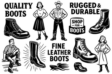 Retro comic boot advertisements for men and women with slogans, Transparent Background