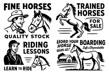 Retro comic-style horse scenes with riders and promotional slogans, Transparent Background