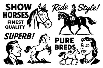 Retro comic-style horse scenes with riders and promotional slogans, Transparent Background