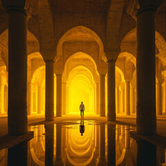 A captivating image of a person walking through a vast, ancient, arched hall.