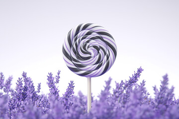 Fresh Colorful Lollipop in Lavender Field, Vibrant Candy Fantasy Scene