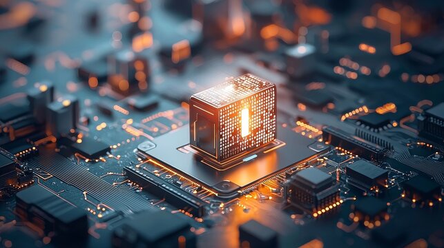 Innovative technology action computer chip revolution digital landscape 3d rendering futuristic environment close-up viewpoint - Powered by Adobe