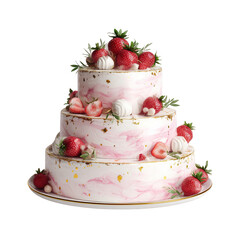 Three-tiered wedding cake with pink marbling, adorned with fresh strawberries and white meringue