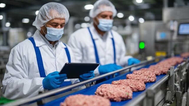 Sustainable uniformed workers inspect plant proteins on a conveyor, ensuring traceability and clean sourcing with tablets.