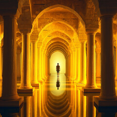 A solitary figure stands in a magnificent, ancient, arched hallway bathed in golden light.