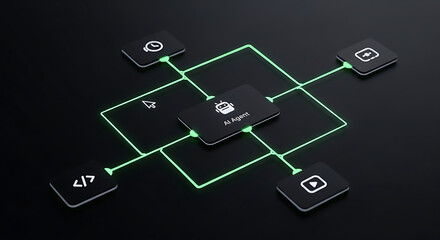 Abstract digital network connecting various technology icons with glowing green lines on a dark background, symbolizing data flow and system integration