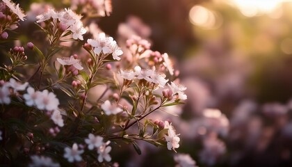 a flowering bush with small pink and white blossoms in shadow delicate texture evening mood and natural depth