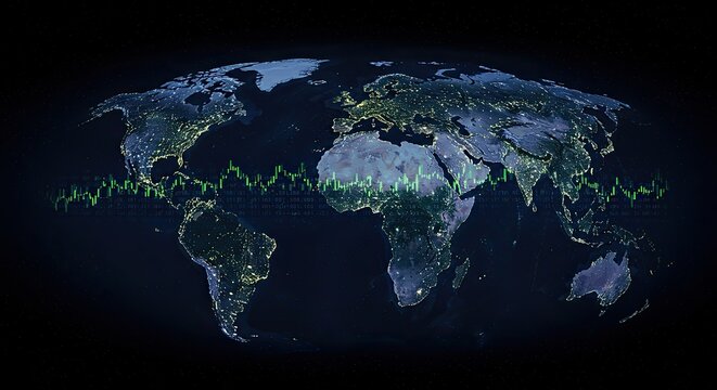 Global Night Map with Green Financial Graph Overlay