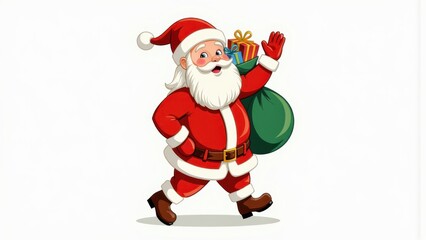 Cheerful Cartoon Santa Claus Walking, Waving, Gift Bag, Christmas Illustration