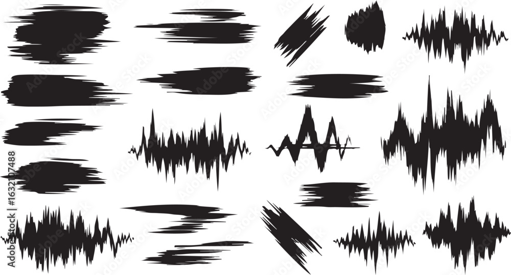 Poster collection of black brush stroke and sound wave graphics isolated on transparent background
