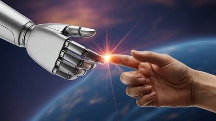 A robots metallic hand and a human finger touching, creating a spark of light, symbolizing the connection between humanity and artificial intelligence against a backdrop of earth