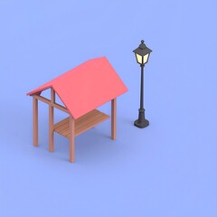 Low poly 3D render of a minimalist wooden stall with a red roof and a glowing street lamp on a light blue background.
