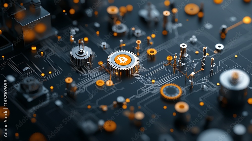 Poster bitcoin circuit board innovation digital mining close-up view modern technology environment conceptu