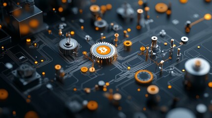 Bitcoin circuit board innovation digital mining close-up view modern technology environment conceptual visuals