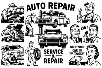 Retro auto repair scenes with mechanics and car tools, Transparent Background