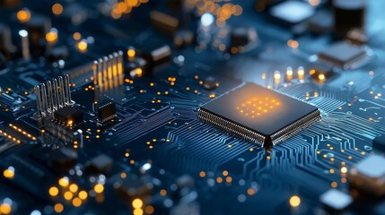 Innovative circuit design technology lab digital art futuristic environment close-up view microchip innovation