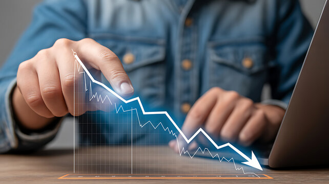 Closeup of a person pointing at a downward trending financial graph on a laptop screen, indicating business loss or decline