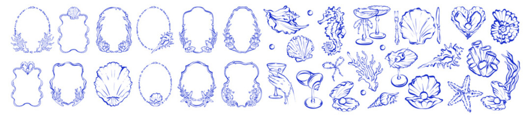 Plakat Wedding sea frame, ocean doodle border set hand drawn nautical shell coastal invitation illustration. Whimsical marine menu decor, coral pearl line print, elegant oyster conch. Sea frame collection