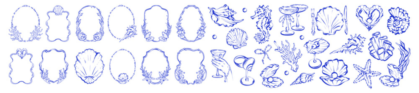Wedding sea frame, ocean doodle border set hand drawn nautical shell coastal invitation illustration. Whimsical marine menu decor, coral pearl line print, elegant oyster conch. Sea frame collection