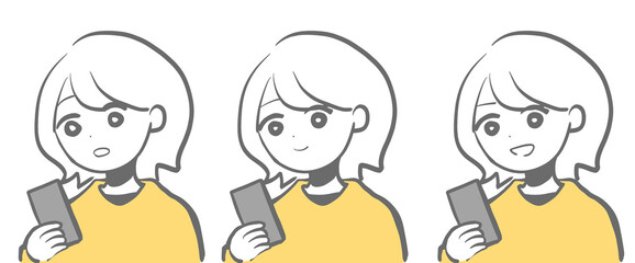 スマホを見ながら表情が変化する若い女性キャラクターのベクターイラスト｜スマホ,表情,communication,smartphone,woman,emotion