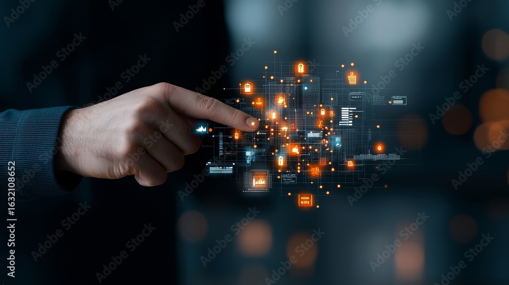 Poster interactive technology showcase digital data visualization modern office graphic display futuristic 