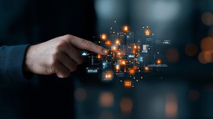 Interactive technology showcase digital data visualization modern office graphic display futuristic environment close-up view innovation