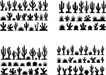 Collection of silhouette cactus and desert plant illustrations in four panels
