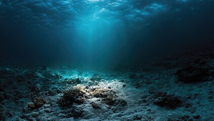 Fototapeta premium Underwater scene of sunbeams piercing deep ocean floor