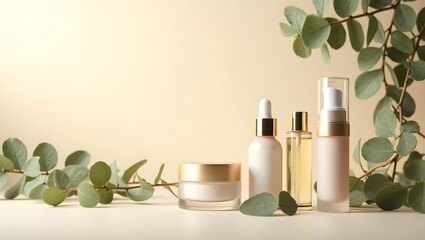 Elegant skincare product mockups:  cream jar, serum bottles, and lotion pump dispenser, styled with eucalyptus branches on beige background.