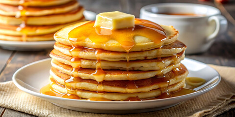 A delicious stack of fluffy golden brown pancakes is topped with melting butter and dripping maple syrup, served on a white plate with a cup of coffee
