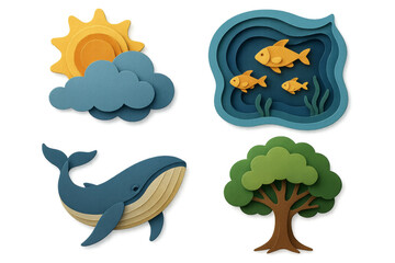 Fototapeta premium Paper cut elements representing nature with whale, fish, tree and sun