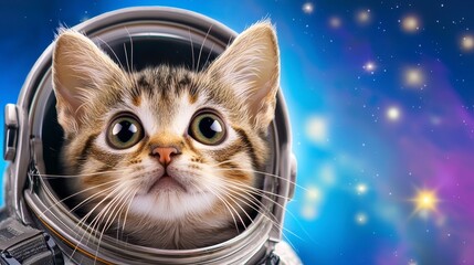 Tabby Kitten in Astronaut Helmet Against Starry Space Background