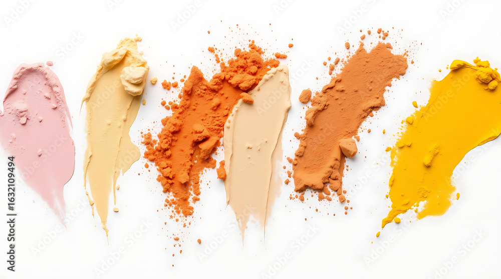 Poster isolated on white background, a closeup shot showcases a variety of makeup swatches, each with a uni
