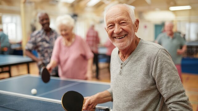 Joyful senior man plays table tennis with friends, smiling broadly at the camera