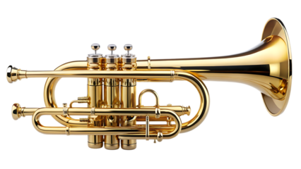 high quality stock photo of a golden trumpet isolated - on a white background PNG. GENERATIVE AI